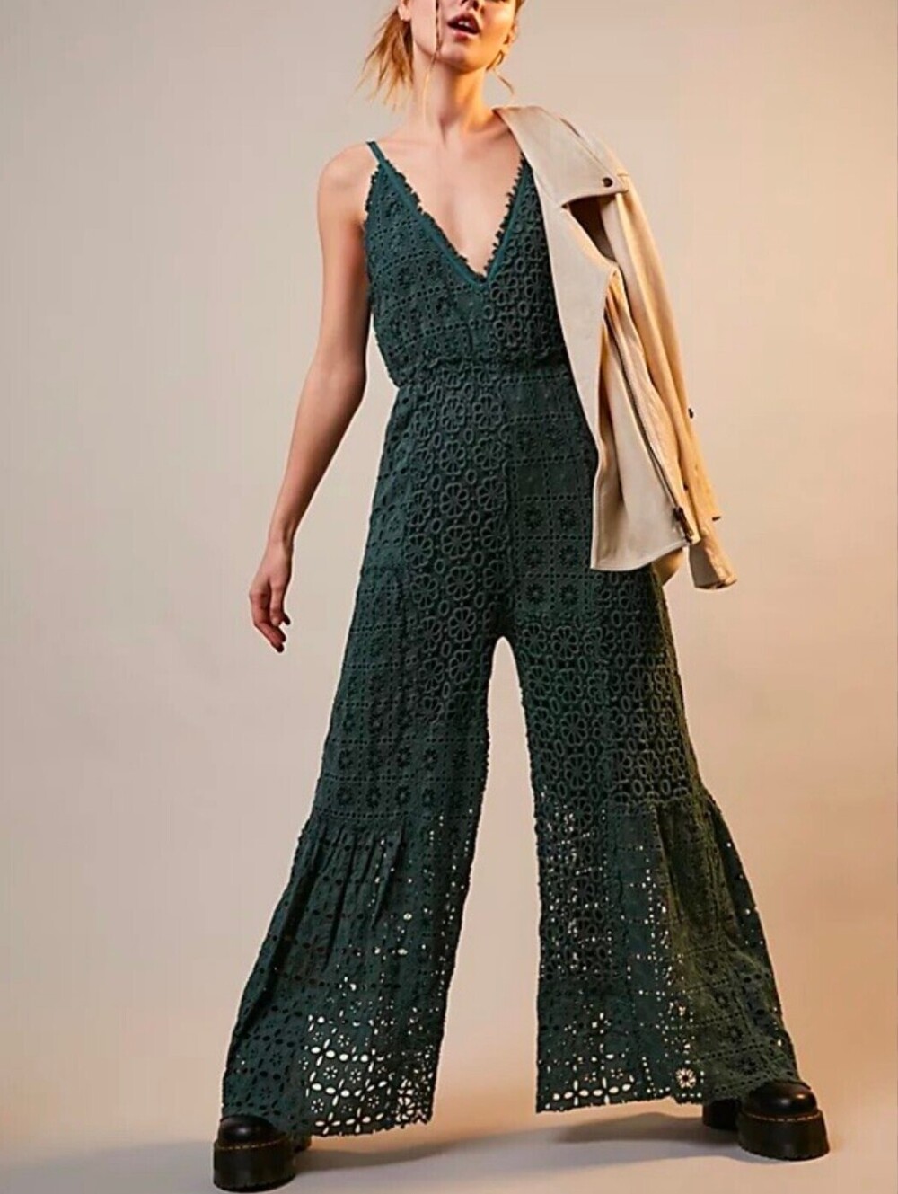 Free People $350 Green Crochet Jumpsuit